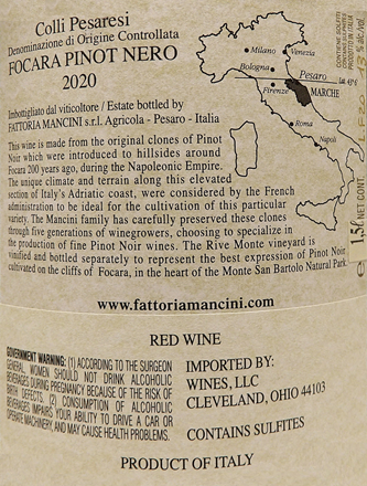 Pinot Noir Focara 2020 DOC, Magnum, Mancini By Mancini in Le Marche label
