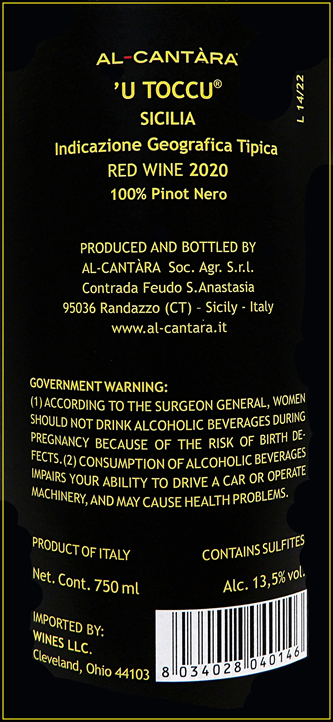 Pinot Noir (Pinot Nero), 2020 U' Toccu, Al Cantara Winery, Sicily, Italy label