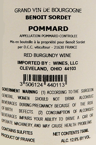 Pommard, 2021 by Benoit Sordet label