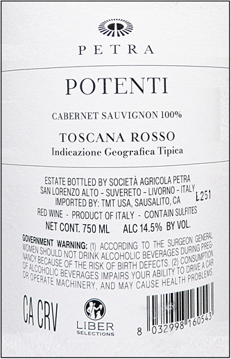 Potenti 2023 Cabernet Sauvignon by Petra in Maremma Tuscany label