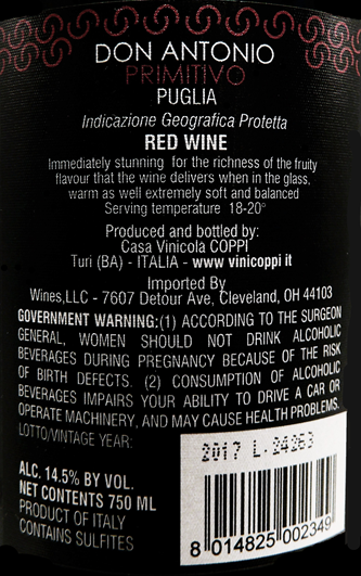 Primitivo, 2017 Don Antonio By Coppi Winery, Puglia, Italy label