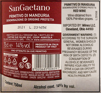 Primitivo di Manduria  2022, SanGaetano by Due Palme label