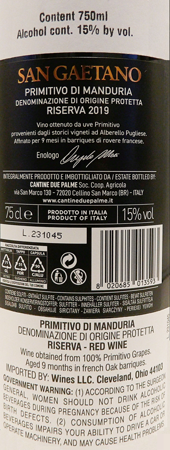 
                      
                        Primitivo di Manduria Riserva 2021, SanGaetano by Due Palme label
                      
                    