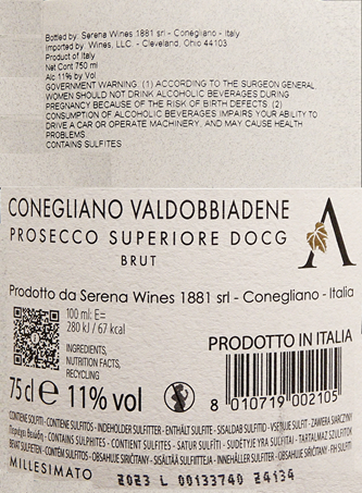 Prosecco Superiore DOCG 2023 Conegliano Valdobbiandene Brut by Ville D' Arfanta label