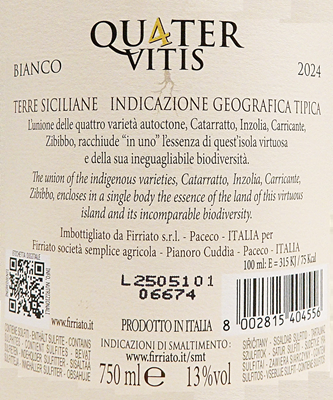 Quater Vitis Bianco, 2024, Igt Terre Siciliane By Firriato label