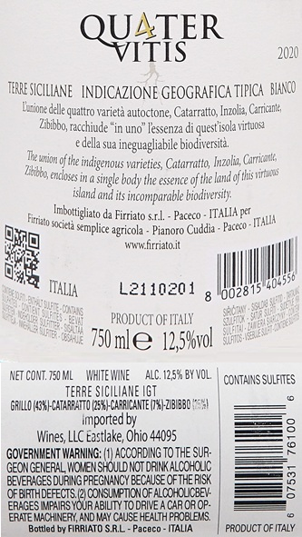 Quater Vitis Bianco, 2020, Igt Terre Siciliane By Firriato label