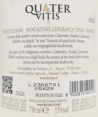 
                      
                        Quater Vitis Bianco, 2022, Igt Terre Siciliane By Firriato label
                      
                    