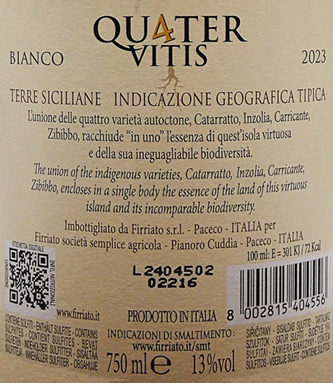 
                      
                        Quater Vitis Bianco, 2023, Igt Terre Siciliane By Firriato label
                      
                    