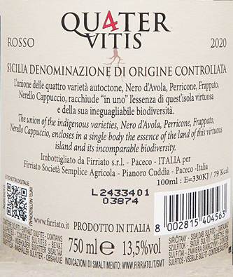 
                      
                        Quater Vitis Rosso, 2020 Igt Terre Siciliane by Firriato label
                      
                    