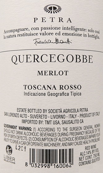 
                      
                        QuerceGobbe, 2018 Merlot by Petra in Maremma Tuscany, Due Bicchieri Gambero Rosso label
                      
                    