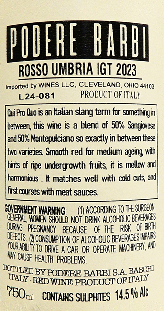 Qui Pro Quo, 2023 by Podere Barbi in Umbria label