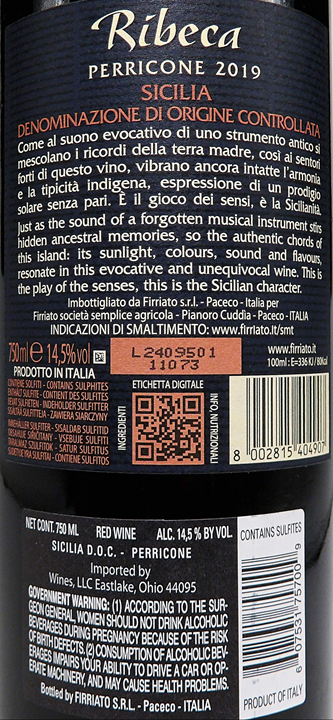 
                      
                        Ribeca Perricone, 2019 by Firriato Sicily, Tre Bicchieri Gambero Rosso label
                      
                    