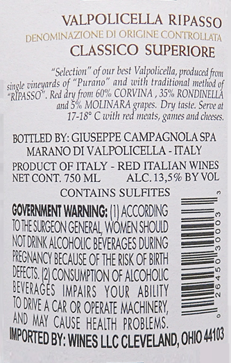 Ripasso della Valpolicella Doc Classico 2021, 750 Ml  Regular Bottle Campagnola label