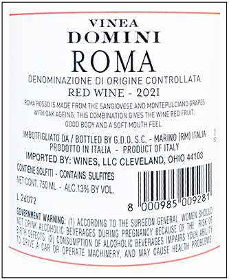 Roma Rosso, 2021 by Vinea Domini Gotto d'oro, Due Bicchieri Gambero Rosso label