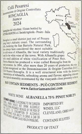 Roncaga Bianco, Colli Pesaresi 2024, By Mancini in Le Marche label