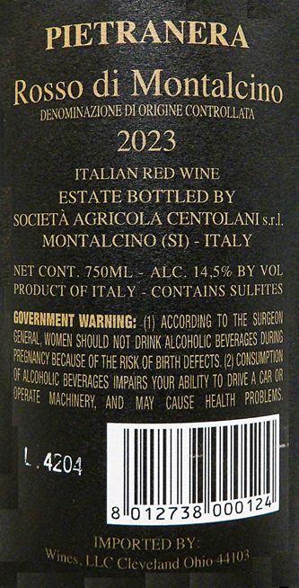 Rosso di Montalcino 2023, Pietranera, Tuscany, Italy label