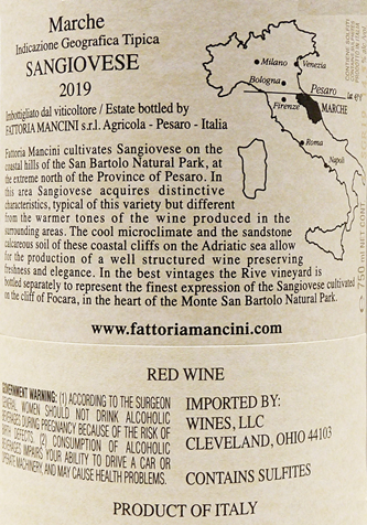 Sangiovese, 2019 Rive Vineyard by Mancini in Le Marche label