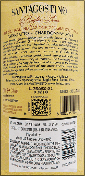 Santagostino  Bianco, 2024 DOC  White Blend, Due Bicchieri label