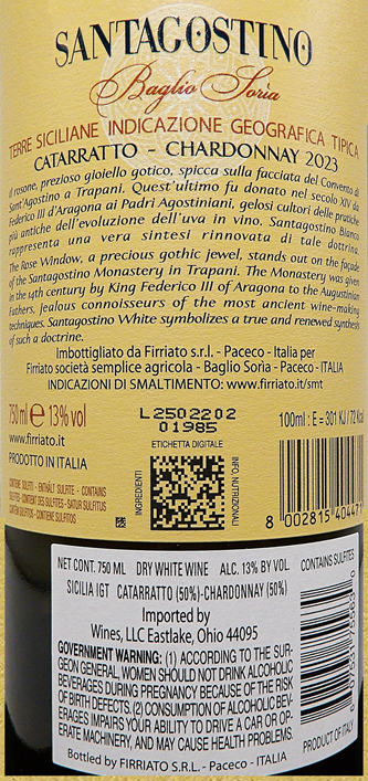 Santagostino Bianco, 2023 DOC White Blend, Due Bicchieri label