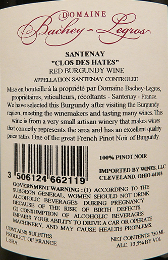 Santenay, 2021 Clos des Hates Red by Bachey Legros label