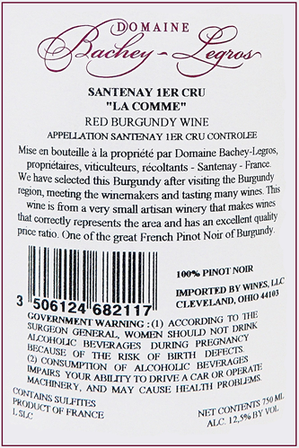 Santenay, 2023 1st Cru, La Comme, by Domaine Bachey Legros label