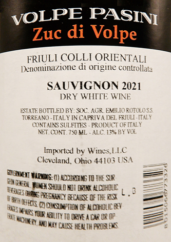 Savuignon Blanc, 2021, Zuc di Volpe by Volpe Pasini , Tre Bicchieri by Gambero Rosso labels