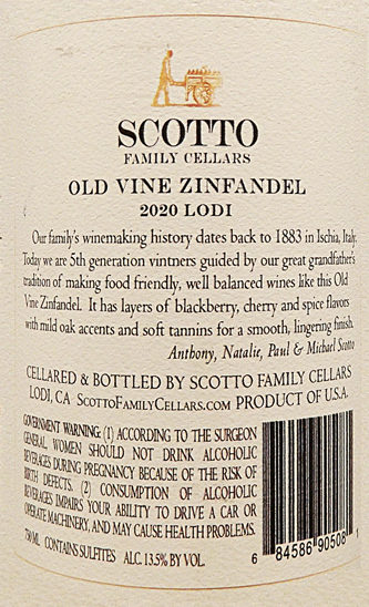 Scotto Family Cellars Old Vine Zinfandel, 2020, Lodi label