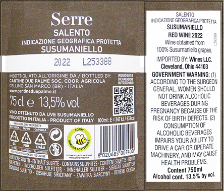 Serre Susumaniello 2022 by Due Palme label