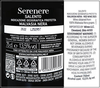 Malvasia Nera, 2022 Serenere Salento. Red by Due Palme in Puglia label