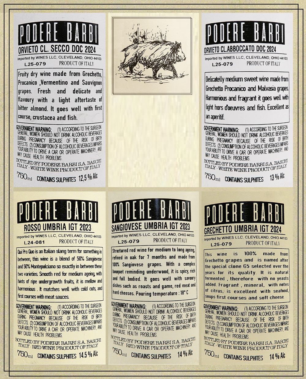 Six Bottles of  Podere Barbi Wines labels
