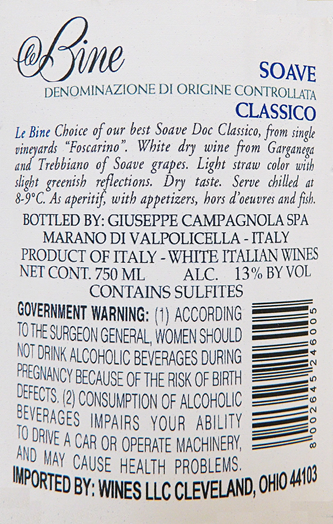 Soave DOC Classico, 2022 ,“Vigneti Monte Foscarino” Le Bine by Campagnola label