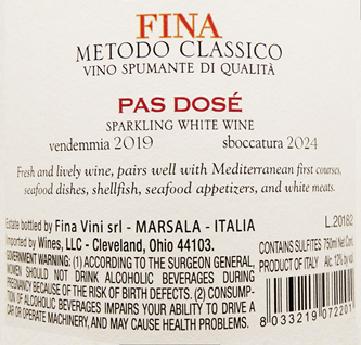 Sparkling Champagne Method, 2019 Pas Dosè By Fina in Sicily label