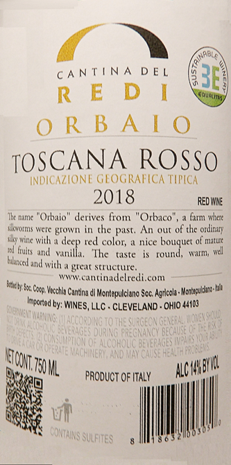 Super Tuscan Orbaio 2018 Cantina del Redi,Tuscany label
