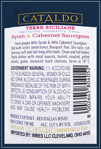 Syrah & Cabernet Sauvignon, Three Sicilian, 2023 Cataldo label
