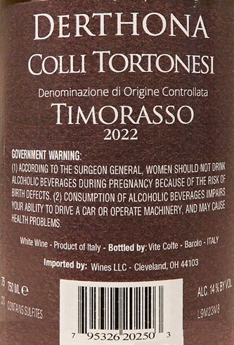 Timorasso, Colli Tortonese, Dethona, 2023 White Wine by Vite Colte, Piedmont, Italy label