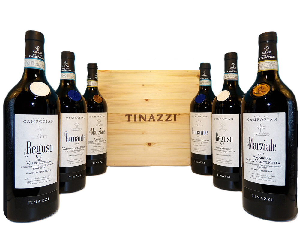 Six in a Wooden Box | 2 each | Amarone 2017 Marziale, Lunante 2021 Ripasso, Reuso 2017 Valpolicella by Podere Campopian | Veneto | Italy