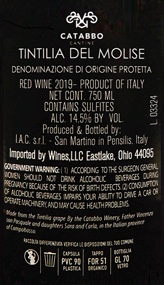 Tintilia S  Del Molise, 2019  Wine by Catabbo in Molise label