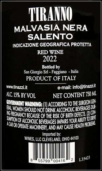 Tiranno Malvasia Nera Salento, 2022, San Giorgio