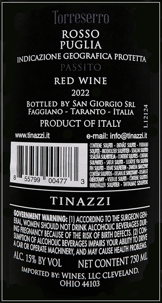 Torreserro Rosso 2022, Appassimento by San Giorgio in Puglia label