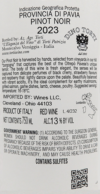  Torti 2023 Pinot Noir by The Torti Winery, 91 Pts JS label