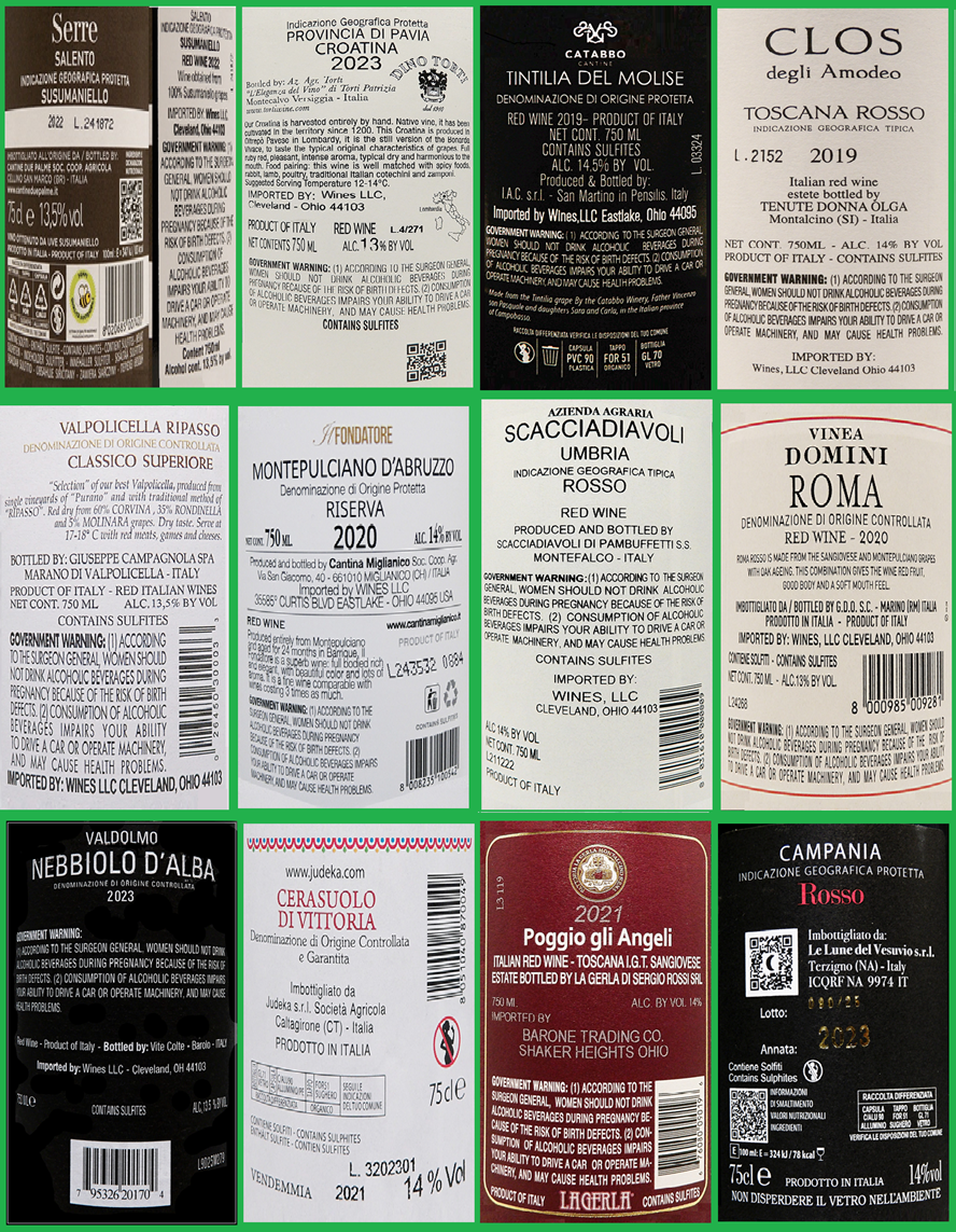 Tour of Italy Case 12 Red Wines labels
