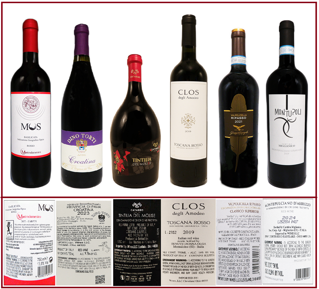Tour of Italy 1st 6 of 12 Red Wines with labels