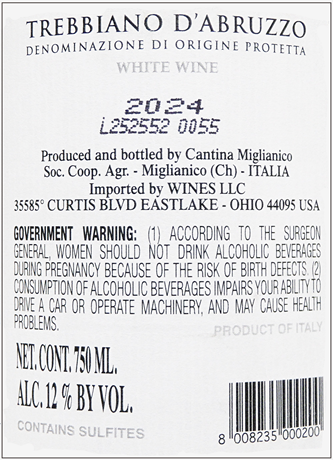 Trebbiano d'Abruzzo DOP 2024 By Miglianico label