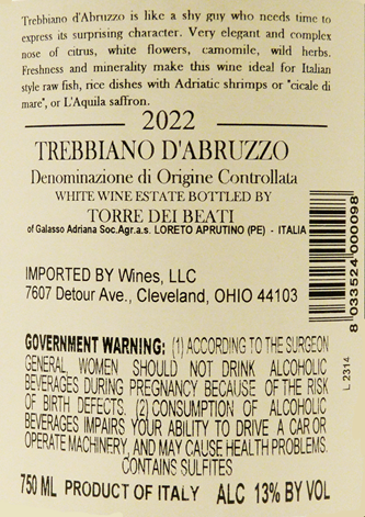 Trebbiano di Abruzzo, Bianchi Grilli, 2022, by Torre dei Beati label