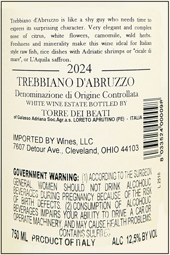 Trebbiano di Abruzzo, Bianchi Grilli, 2024, by Torre dei Beati label