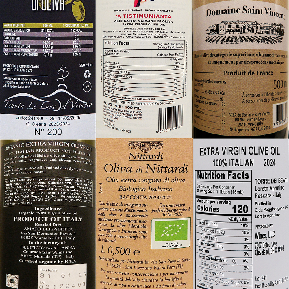Olive Oil Tour Six Pack, Italy EVOO labels