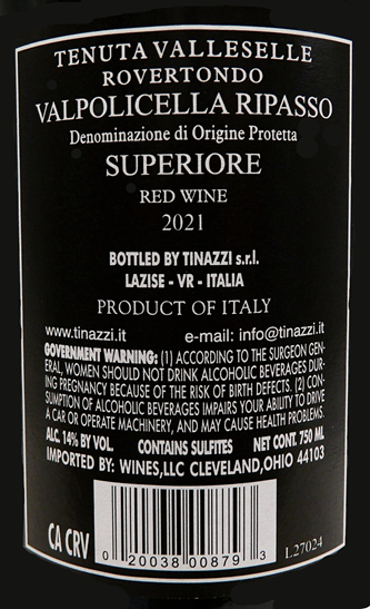 Valpolicella Ripasso Superiore, 2021 Rovertondo by Tinazzi label