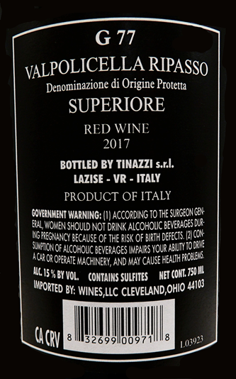 Valpolicella Venerations Superiore, 2017, Ripasso G77 Tinazzi
