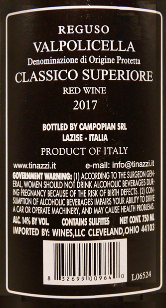 Valpolicella, 2017  Reguso, Classico Superiore By Podere Campopian, Veneto, Italy label