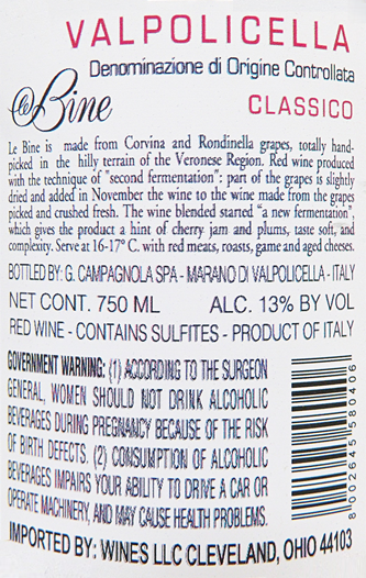 Valpolicella DOC Classico, 2023  Le Bine by Campagnola label